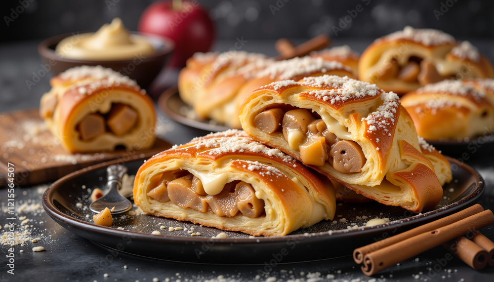 Delicious apple strudel with vanilla sauce on bakery display, indulgence Delicious apple strudel with vanilla sauce on bakery display, indulgence