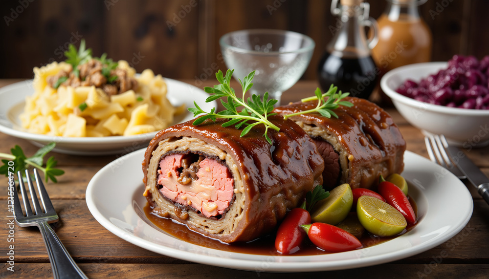 Hearty German beef rouladen served with sides in elegant dining setting Hearty German beef rouladen served with sides in elegant dining setting