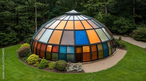 A dome-shaped eco-home made of reclaimed glass and steel, artistic and sustainable photo