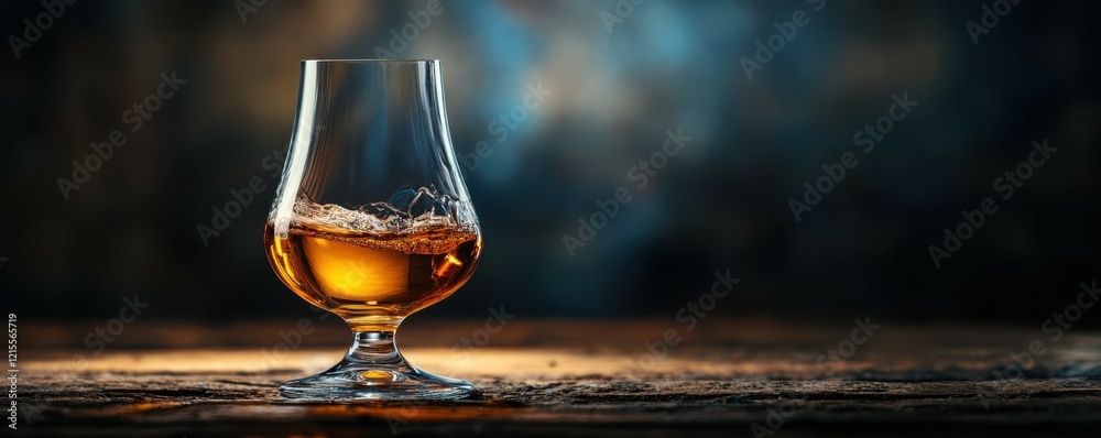 Obraz premium Elegant glass of amber whiskey on rustic wooden table with warm lighting