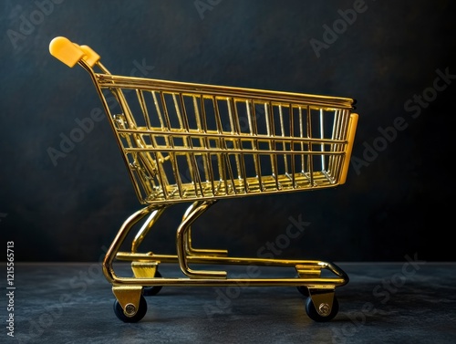 Shopping cart in golden finish studio setting product photography minimalist environment close-up view luxury concept