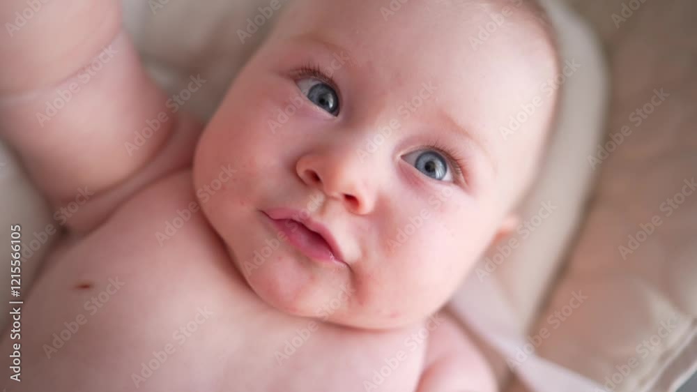 Cute newborn baby boy sitting in a white high chair next to a window. A joyful lifestyle of a happy mixed-race family. A young asian woman and active healthy baby with blue eyes in a rabbit costume Cute newborn baby boy sitting in a white high chair next to a window. A joyful lifestyle of a happy mixed-race family. A young asian woman and active healthy baby with blue eyes in a rabbit costume