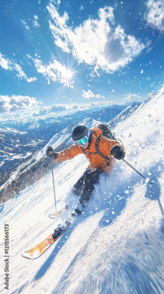 Skiing enthusiast carves down snowy slope in vibrant sunlight action shot from downhill angle mountain landscape adventure sports Skiing enthusiast carves down snowy slope in vibrant sunlight action shot from downhill angle mountain landscape adventure sports