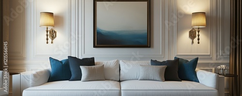 Elegant living room with white sofa and decorative pillows under framed artwork and wall sconces