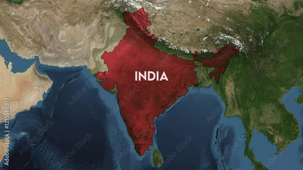 Zoom from Earth to India. World map animation with country borders, Images from NASA
