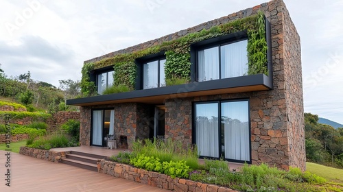 A modern eco-hotel built with local stone and living walls, a haven for nature lovers photo