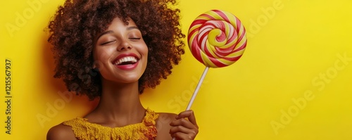 Joyful african female holding colorful swirl lollipop against yellow background