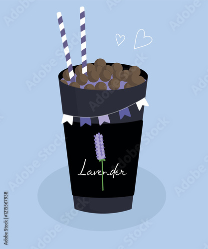 Flat Design Illustration with Drink at Lavender and Chocolate Balls