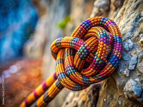 Tilt-Shift Close-up: Climbing Rope Knot Secured to Rock Face photo