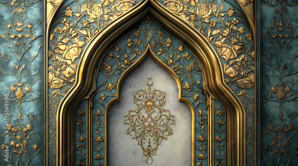 Obraz premium Ornate, gold and silver patterned wall with a decorative window. Gilded Arch. Illustration