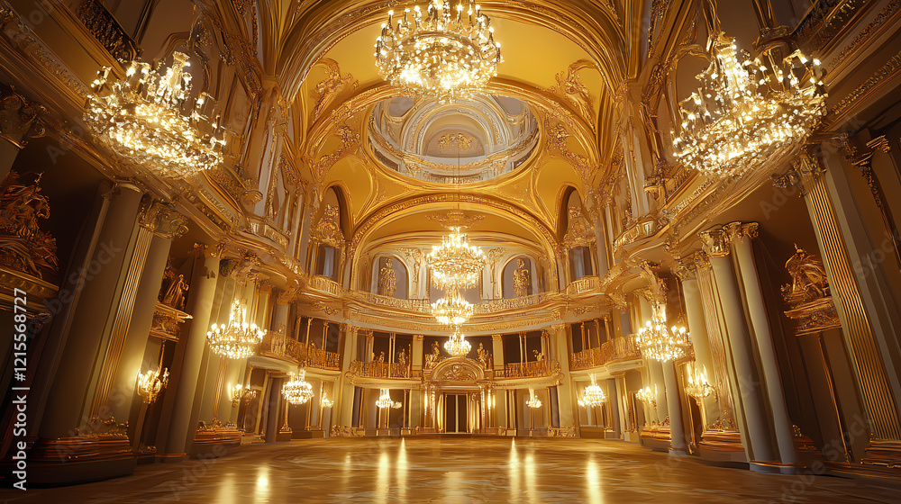 Obraz premium Ornate, golden, grand hall with chandeliers. Gilded Arch. Illustration
