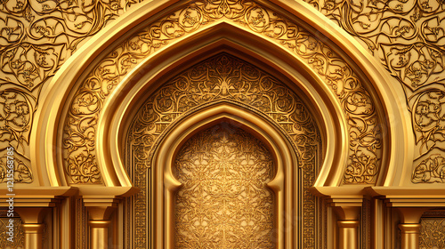 Ornate golden islamic arch frame with intricate ramadan kareem design and arabic motifs, islamic, arch, ornate, golden, ramadan. Gilded Arch. Illustration