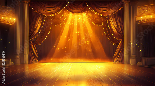 Ornate stage with gilded proscenium arch, tied-back luxurious drapes, and golden footlights glowing on the polished hardwood floor. Gilded Arch. Illustration photo