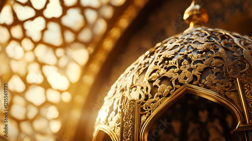 Selected focus photo of a golden dome-shaped islamic ornament made of wood with a blurred background. Gilded Arch. Illustration photo