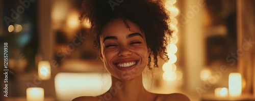 Smiling african female adult relaxing in candlelit ambience with joyful expression
