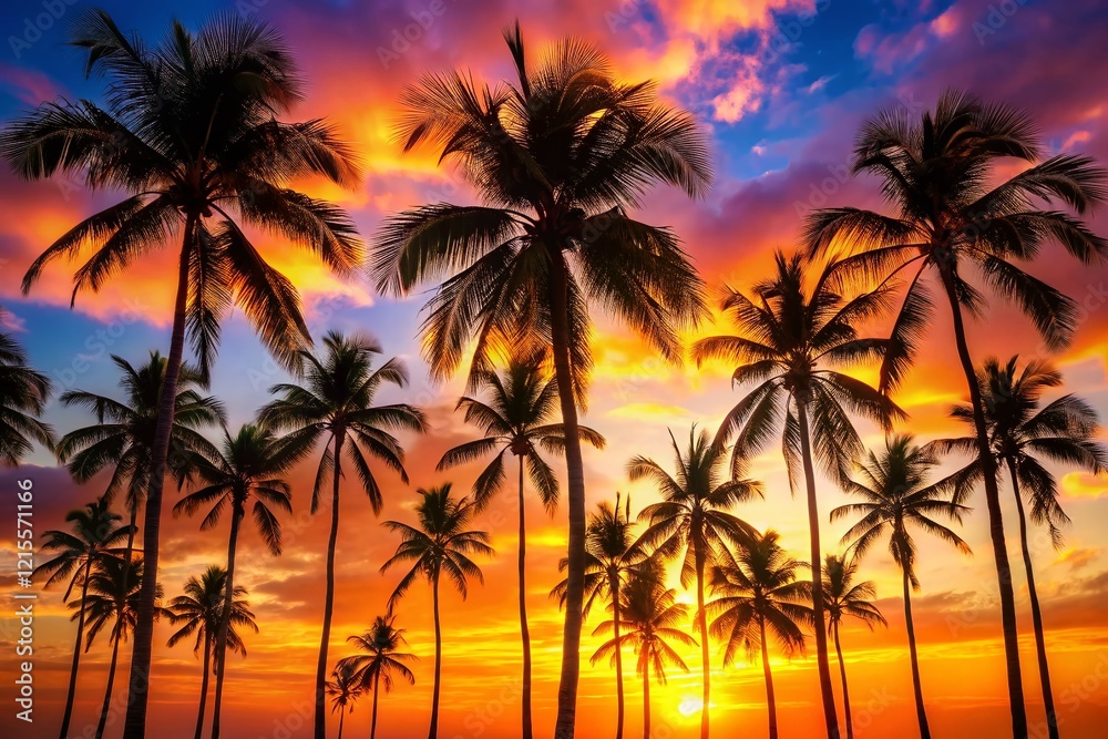 Tropical Palm Tree Silhouettes at Sunset - Copy Space for Text Tropical Palm Tree Silhouettes at Sunset - Copy Space for Text