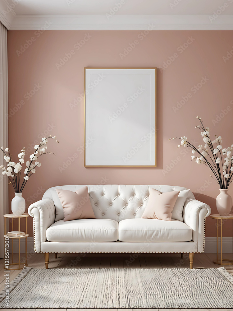 Naklejka premium A chic living room featuring a blush pink wall and a framed poster mockup in a pure white frame with a black border. The poster is placed above a white tufted sofa.