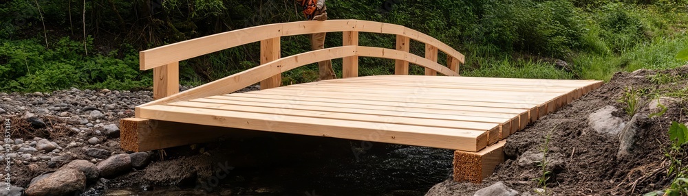 A wooden bridge being constructed over a stream, eco-conscious design A wooden bridge being constructed over a stream, eco-conscious design
