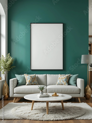 A dramatic living room with a matte black accent wall, showcasing a poster mockup in a pure white frame with a black border. The poster is perfectly centered above a white Scandinavian-style sofa.