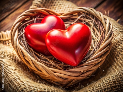 Two Red Hearts in Woven Basket - Romantic Valentine's Day Stock Photo