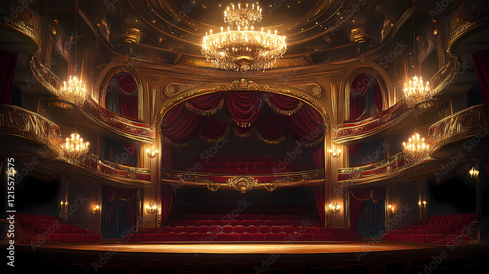 Obraz premium A classic european opera house with grand chandeliers, red velvet seats, and gilded detail. Gilded Arch. Illustration