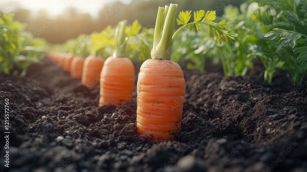 Close up of fresh carrots growing in a vegetable garden with a sunlit background. The image highlights the fresh, organic nature of the produce Close up of fresh carrots growing in a vegetable garden with a sunlit background. The image highlights the fresh, organic nature of the produce
