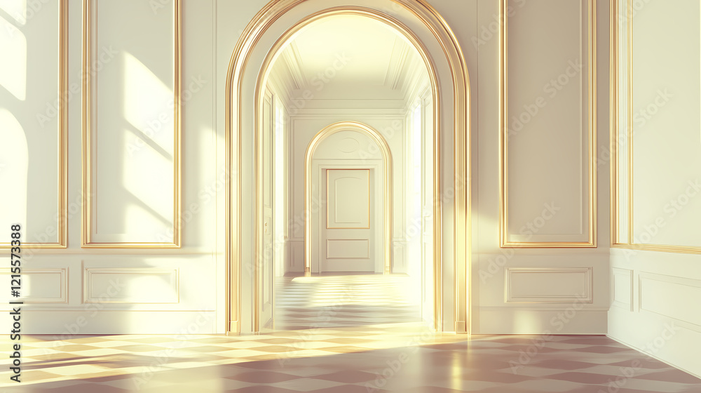 Elegant hallway with arched doorways and gilded frames. Gilded Arch. Illustration Elegant hallway with arched doorways and gilded frames. Gilded Arch. Illustration