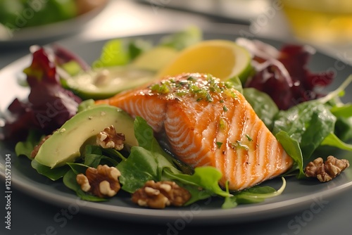 A plate filled with heart-healthy foods like salmon, avocado, mixed greens, and walnuts, arranged elegantly on a grey surface, with soft lighting enhancing the natural textures. photo