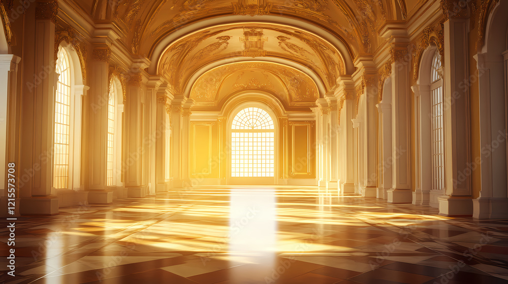 Obraz premium Gilded palace hall sunlit grandeur elegant interior. Gilded Arch. Illustration