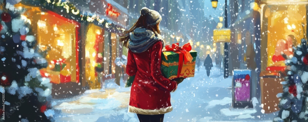 Obraz premium Female enjoying festive winter stroll with gifts in snowy city scene