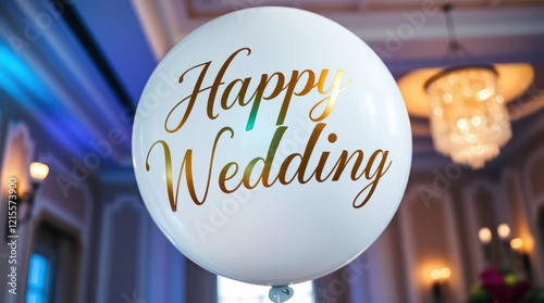 Happy Wedding' in golden letters, on a large balloon  photo