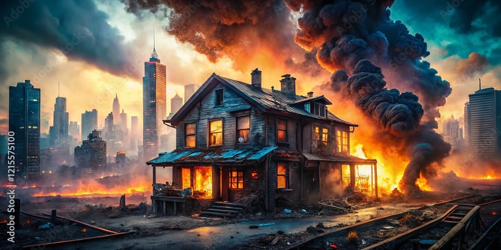 Urban Fire Aftermath: Double Exposure of Burned Building and Cityscape Urban Fire Aftermath: Double Exposure of Burned Building and Cityscape