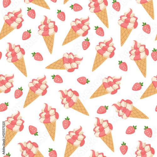 Strawberry ice cream cones and strawberries seamless pattern. Summer cartoon sweet background.