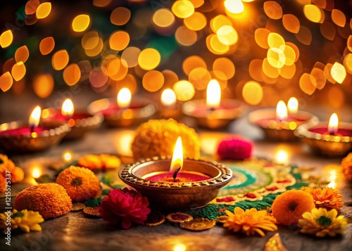 Vintage Diwali Festival Background:  Warm Lights & Festive Rangoli photo