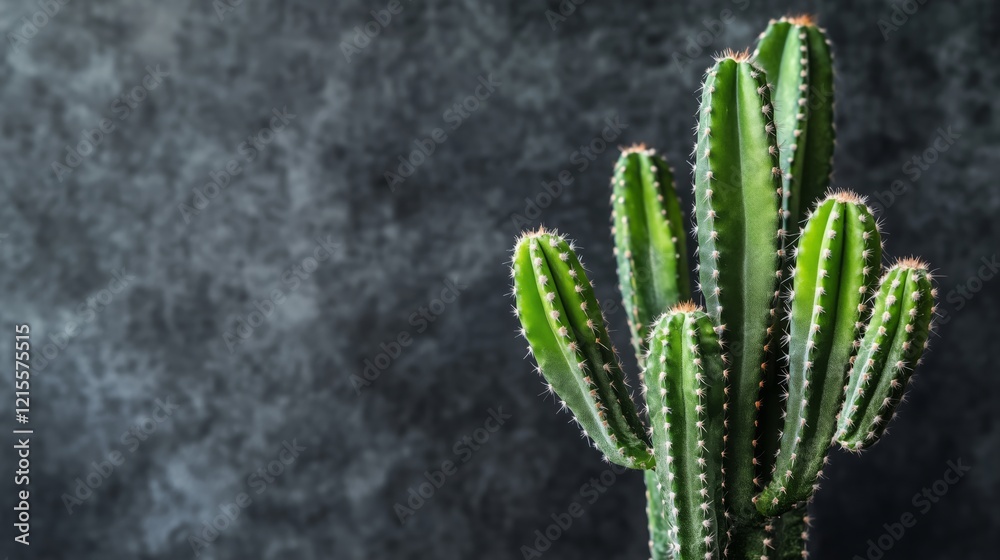 A green cactus on black background with gray wall A green cactus on black background with gray wall