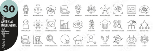 Artificial intelligence, machine learning, AI, neural networks editable stroke thin line icons set. Data security, facial recognition, cloud computing, innovation. Outline icons, vector illustration