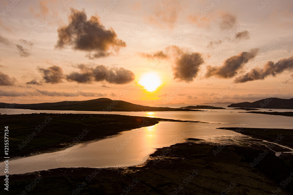 Fototapeta premium Aerial sunset view of Derreen river along the Ring of Kerry route. Rugged coast of on Iveragh Peninsula on sunset, Ireland.