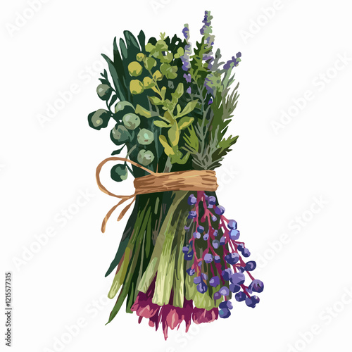 Watercolor Bundle of Fresh Herbs Tied with Twine