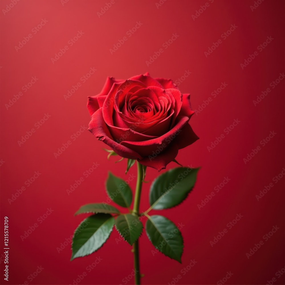 Single red rose against a rich red background.  A classic symbol of love and romance, perfect for Valentine's Day or anniversaries.