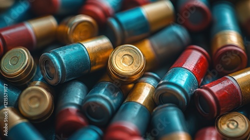 Ammunition pile, close-up, dark background, firearm use