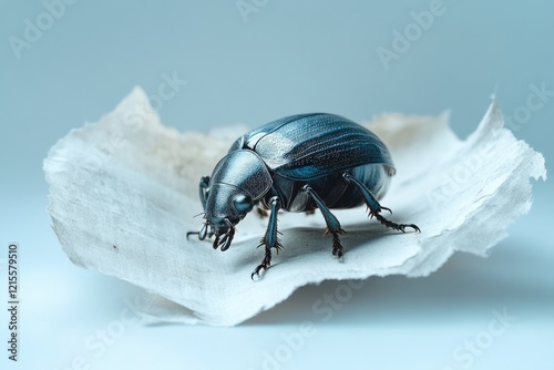 A dark-colored beetle with spiny legs crawls on a piece of crumpled white paper against a light blue background. photo