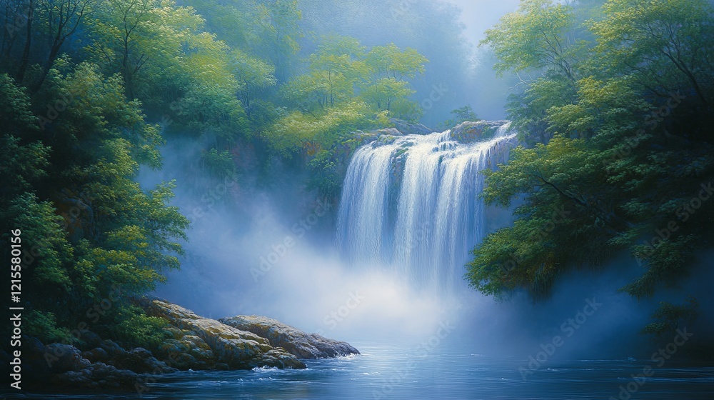 Fototapeta premium Majestic waterfall flows gently through lush greenery in a tranquil natural setting during early morning light. Generative AI