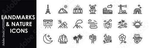 Landmarks and Nature icons. Set of editable line icons. Vector illustration