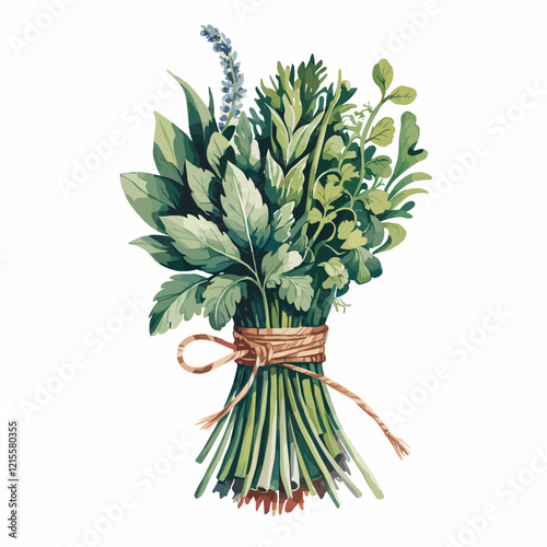 Watercolor Bundle of Fresh Herbs Tied with Twine