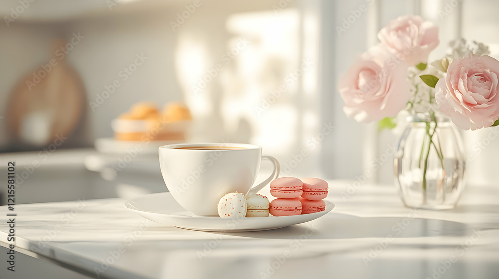Enjoying coffee and macarons in a bright, elegant kitchen with fresh flowers during a calm morning Enjoying coffee and macarons in a bright, elegant kitchen with fresh flowers during a calm morning