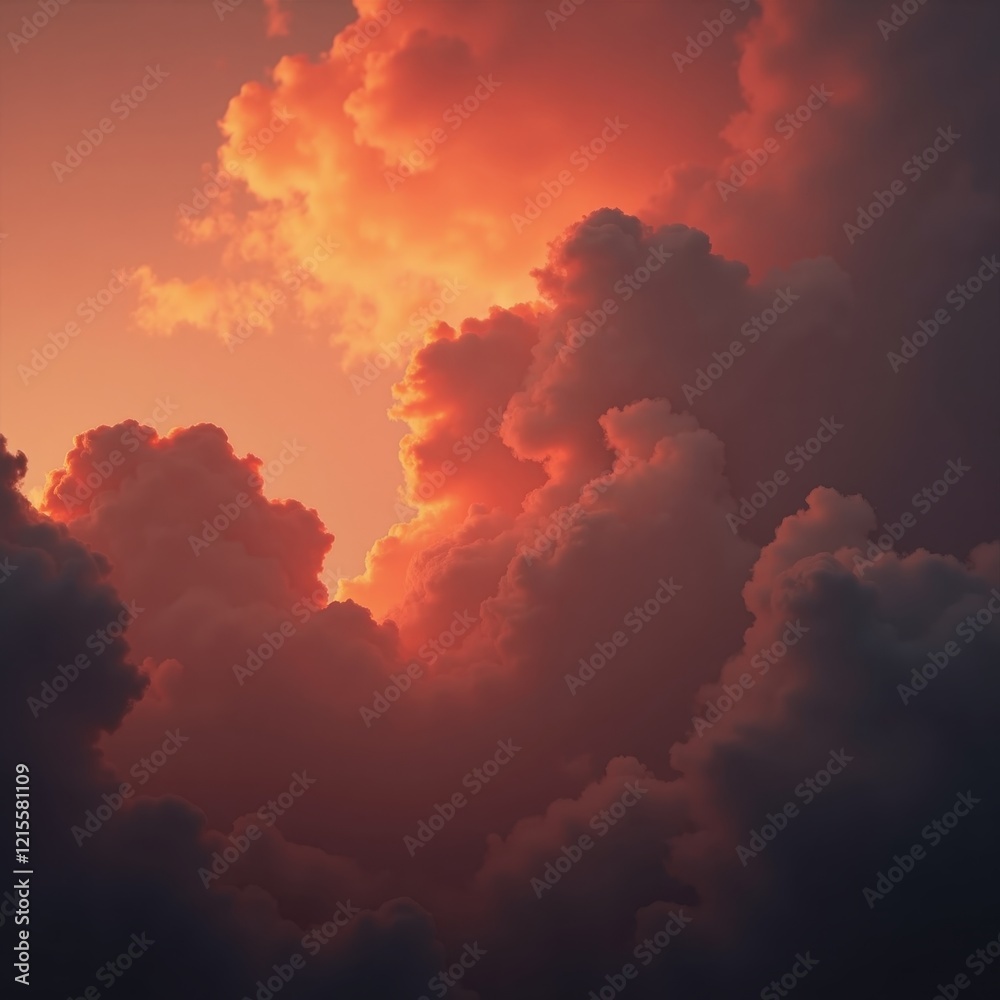 Fototapeta premium Fiery sunset cloudscape. Dramatic, colorful clouds illuminated by the setting sun. A breathtaking view of nature's artistry.