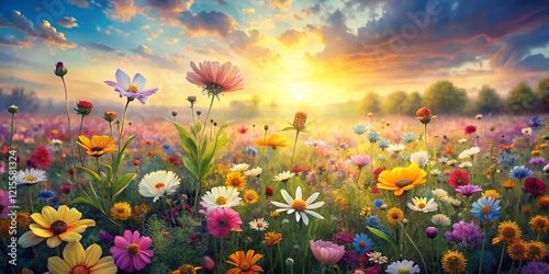 Vibrant Hand-Drawn Floral Landscape Background, Spring Meadow, Botanical Illustration, Nature Wallpaper, Flower Pattern