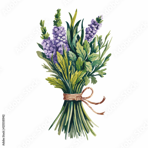 Watercolor Bundle of Fresh Herbs Tied with Twine