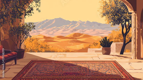 A ksar overlooking a vast desert valley, with panoramic views of distant dunes and a golden horizon. Golden Horizon. Illustration photo