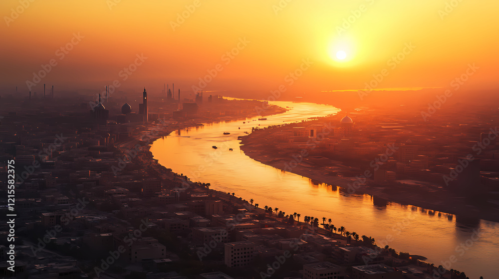 Fototapeta premium A panoramic view of baghdad's skyline at sunset, with the tigris river reflecting the golden light. Golden Horizon. Illustration
